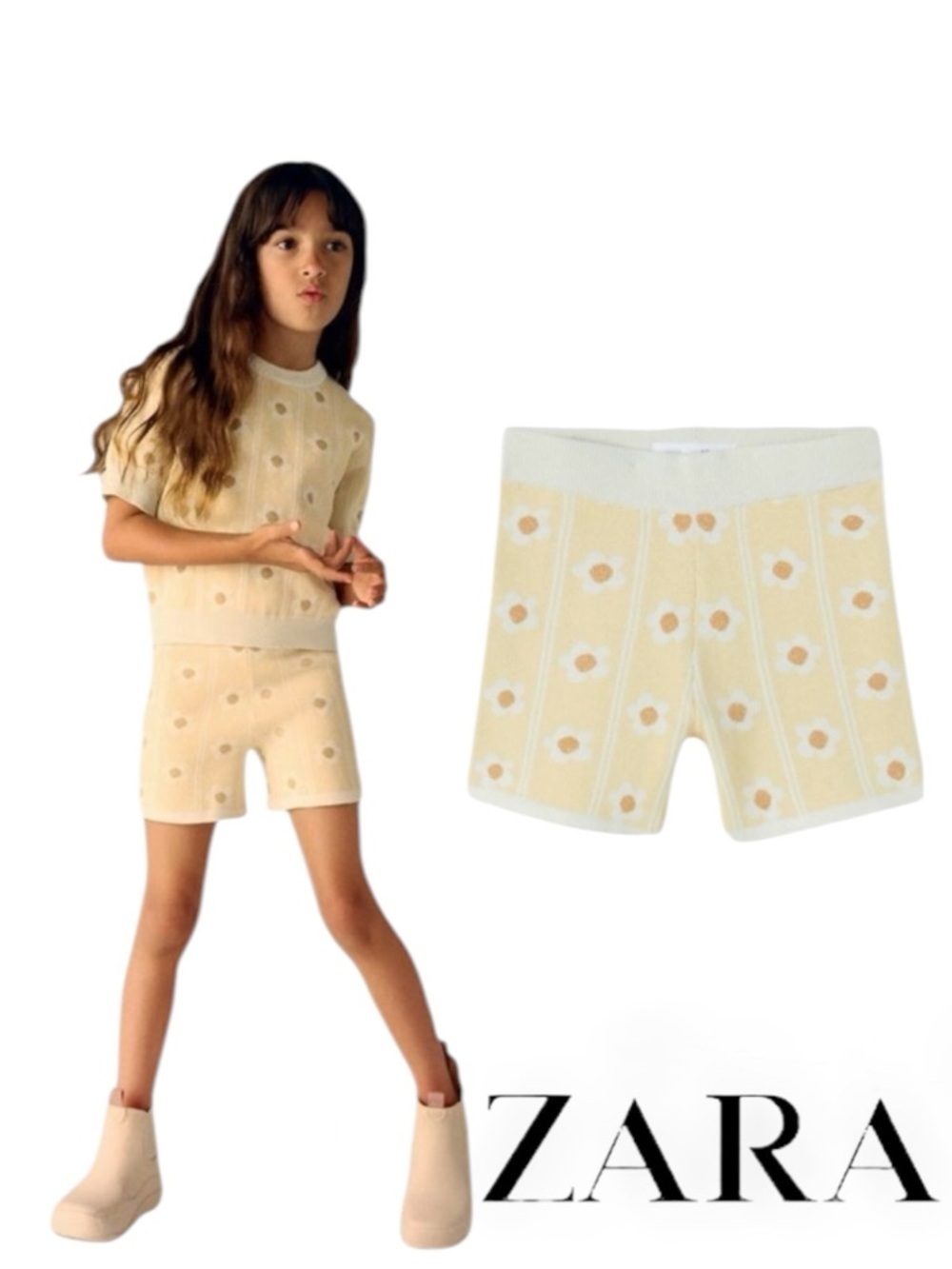 ZARA Girls Yellow Daisy Knit Shorts NWT Size 13/14